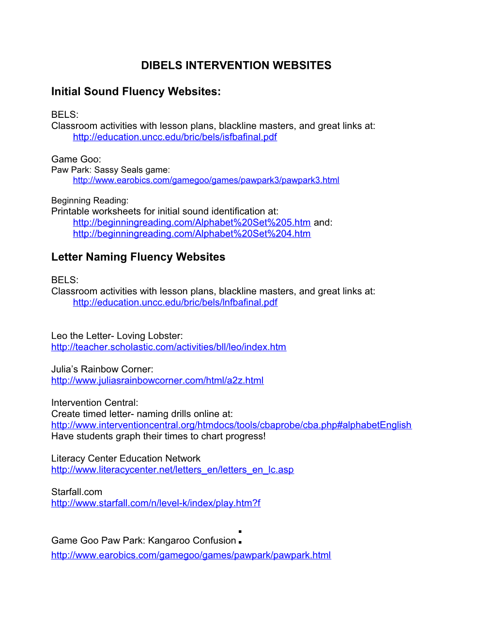 Initial Sound Fluency Websites