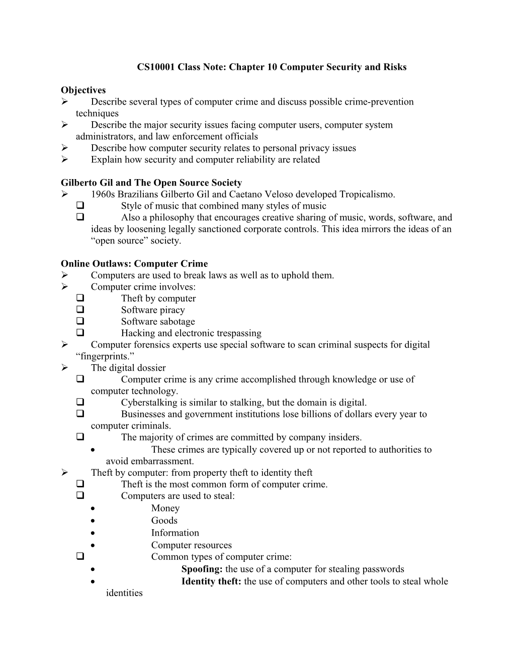 CS10001 Class Note: Chapter 10 Computer Security and Risks