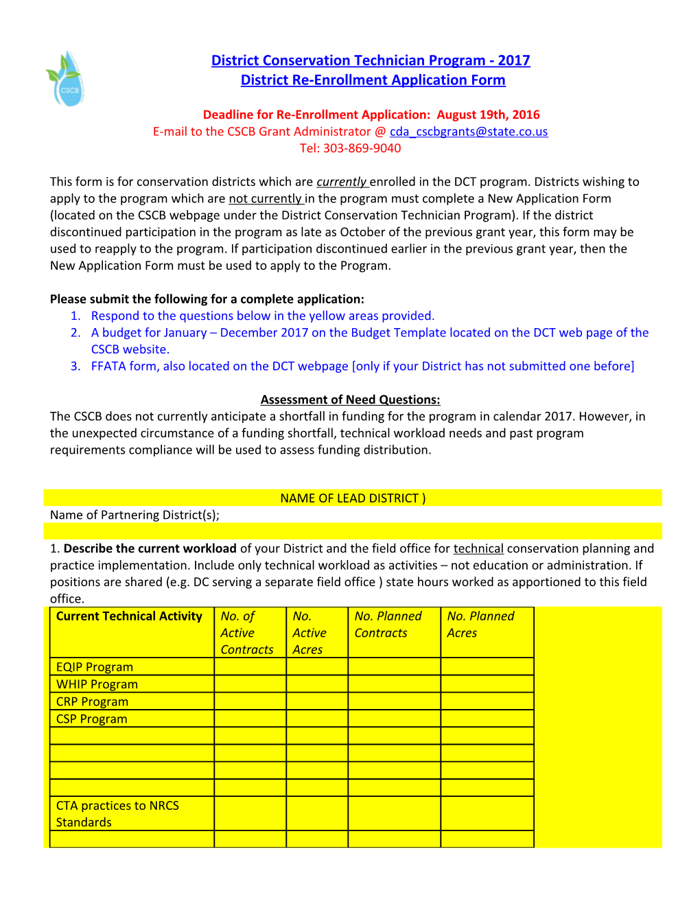 District Conservation Technician Program: District RE-Enrollment Application Form