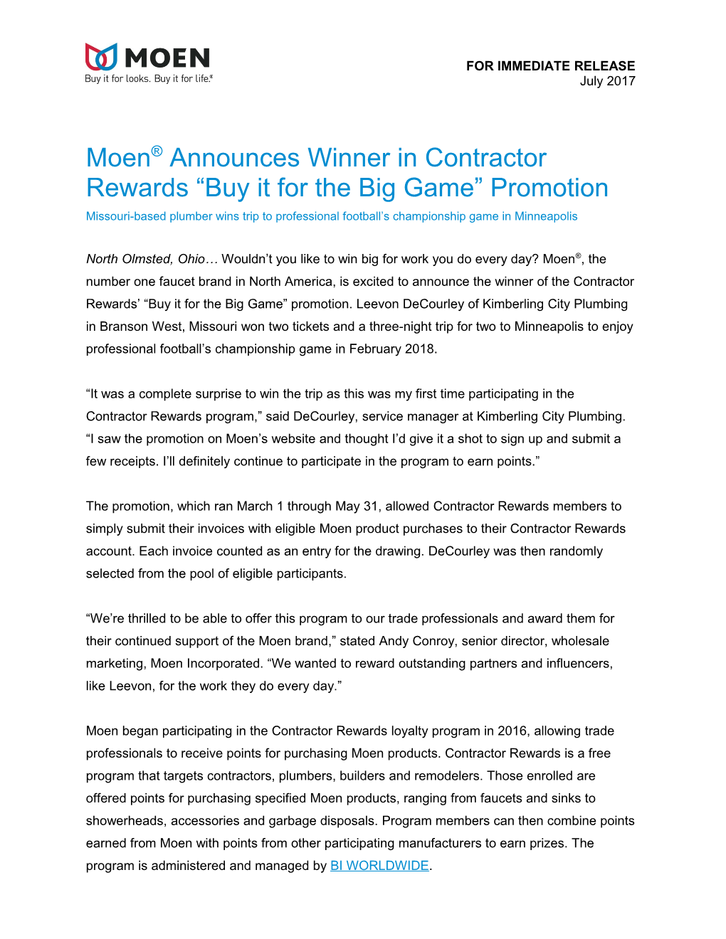 Moen Announces Winner in Contractor Rewards Buy It for the Big Game Promotion