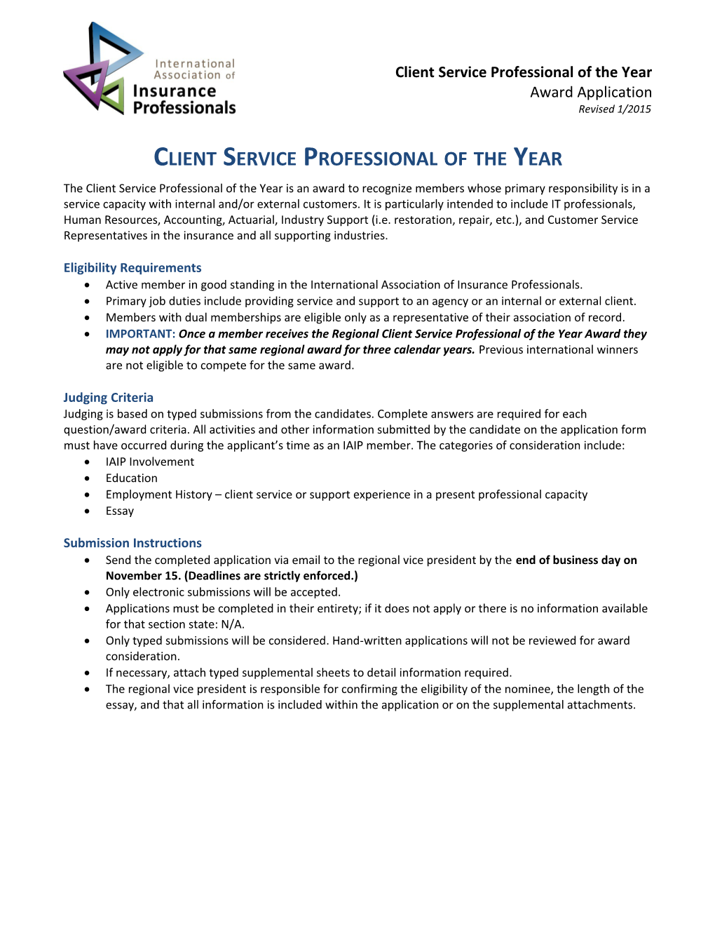 Client Service Professional of the Year Application PAGE 1