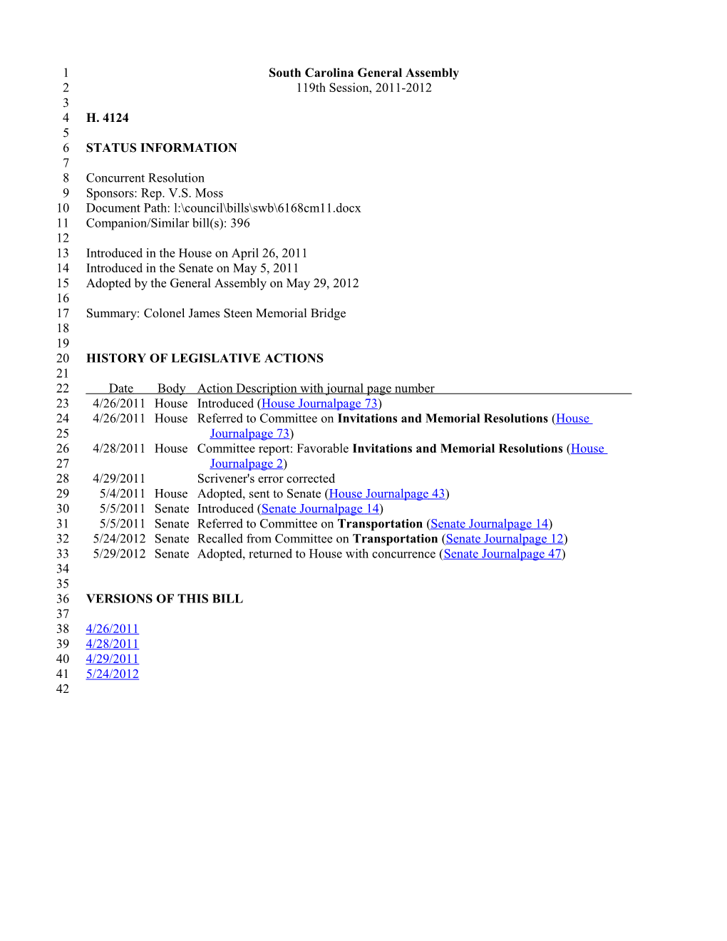 2011-2012 Bill 4124: Colonel James Steen Memorial Bridge - South Carolina Legislature Online