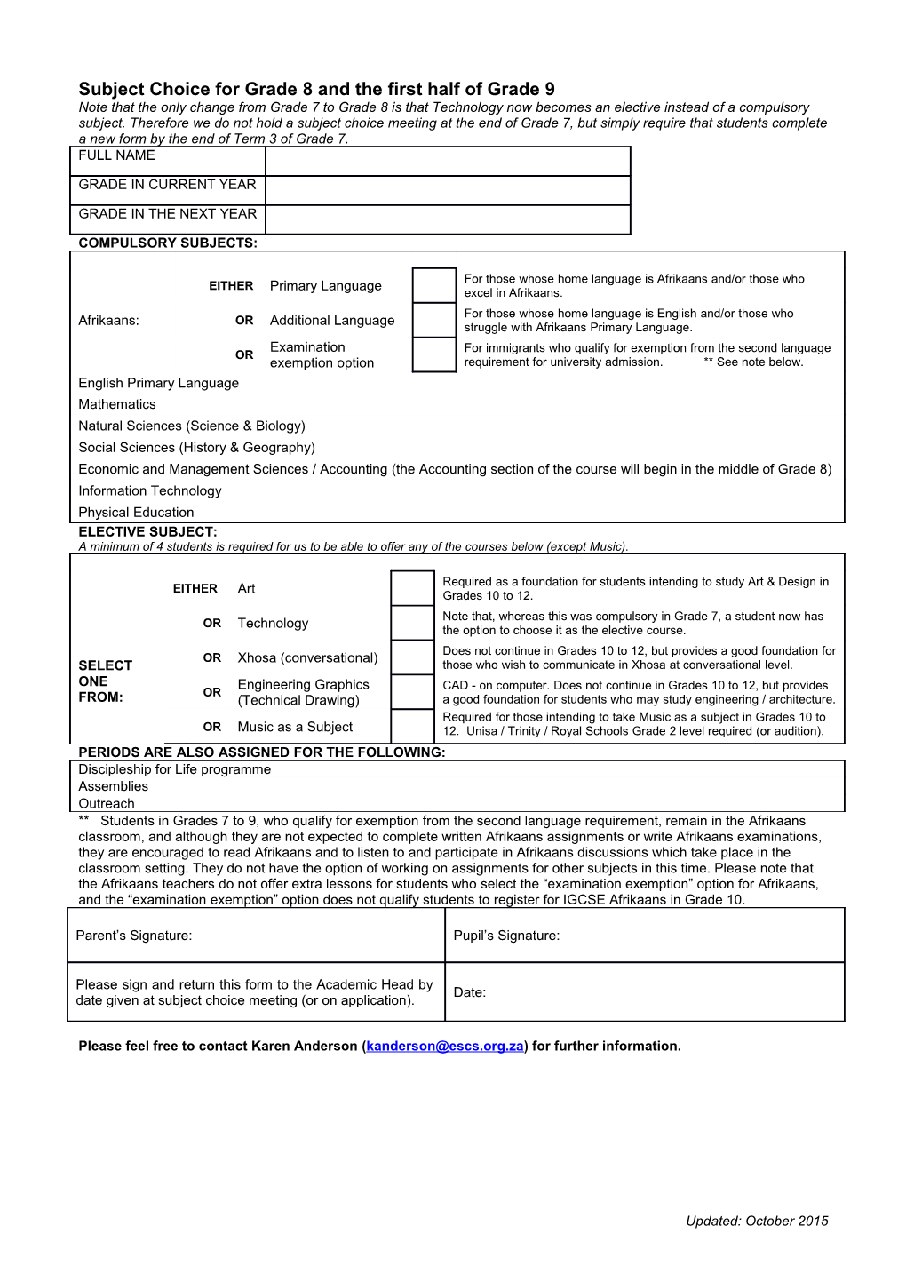 Subject Choice for Grades 7&8 for 2002