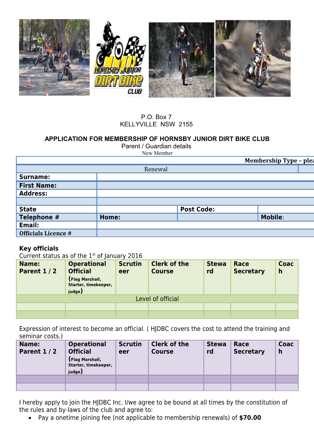 Application for Membership of Hornsby Junior Dirt Bike Club