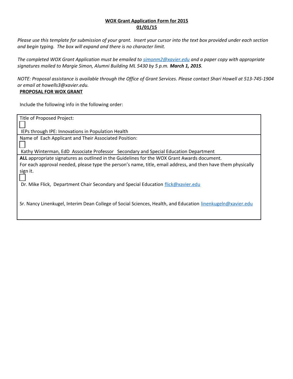 WOX Grant Application Form for 2015