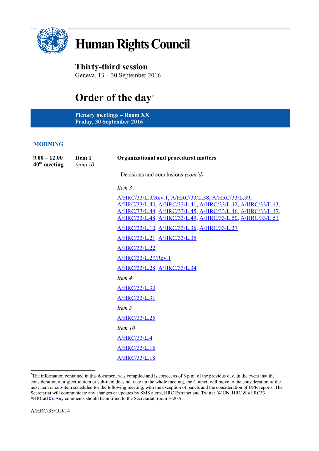 Order of the Day, Friday 30 September 2016