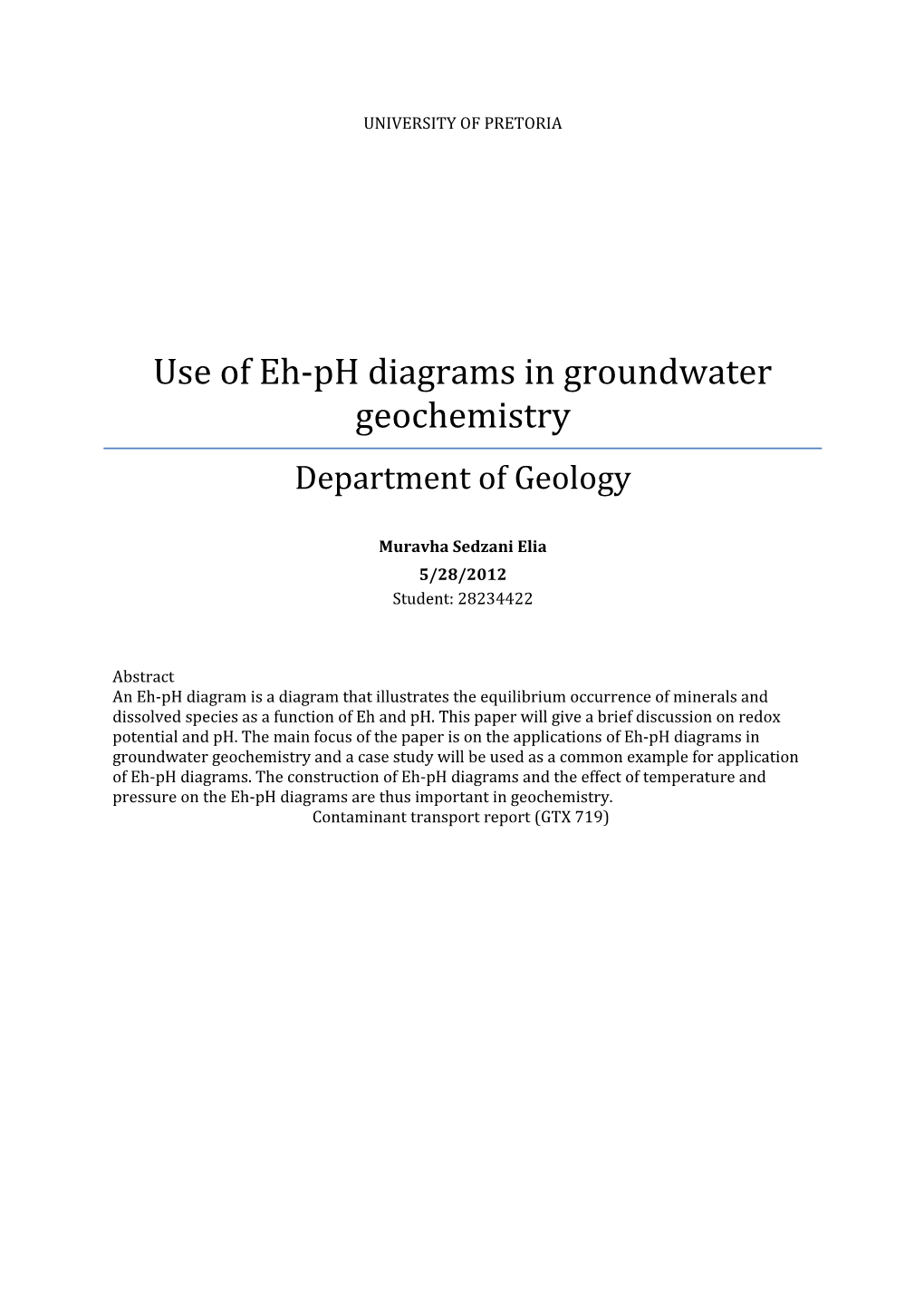 Use of Eh-Ph Diagrams in Groundwater Geochemistry