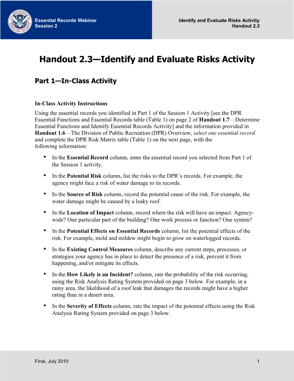 Handout 2.3 Identify and Evaluate Risks Activity Part 2