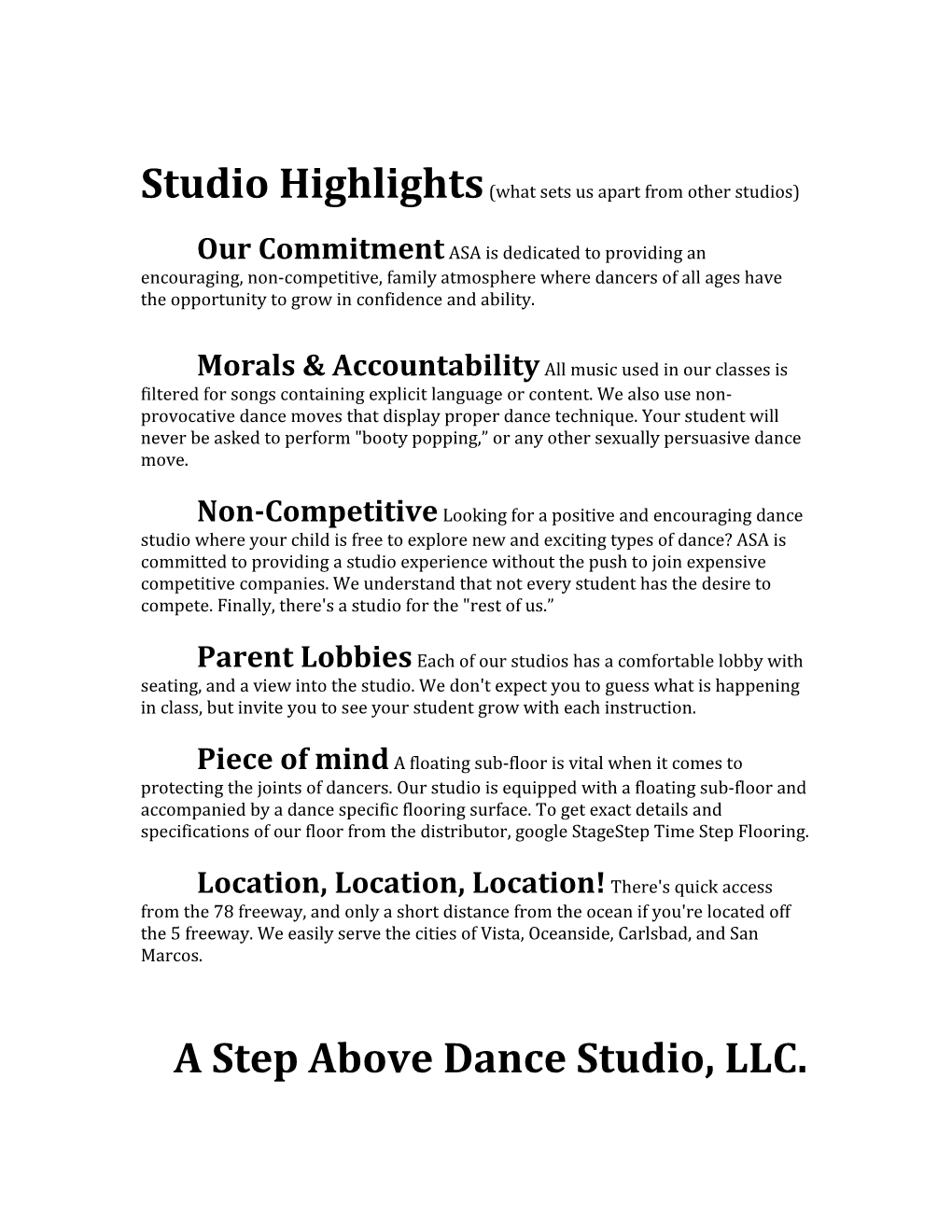 Studio Highlights (What Sets Us Apart from Other Studios)