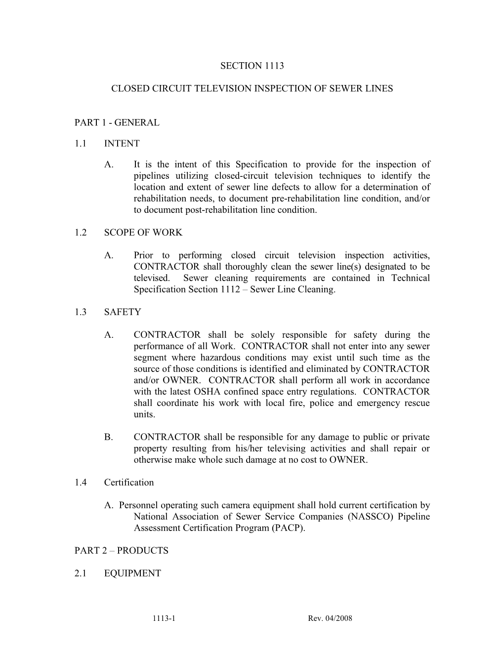 Closed Circuit Television Inspection of Sewer Lines