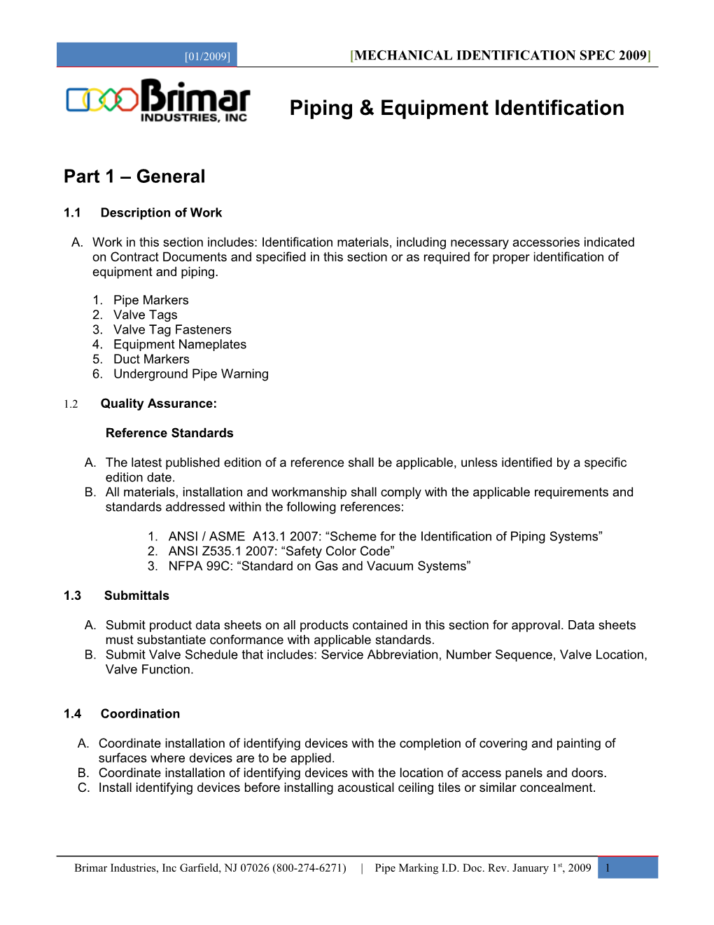 Brimar Industries Pipe Identification Spec (2009)