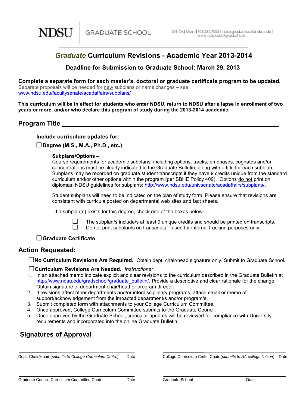 Major/Minor/Option/Certificate Curriculum Revisions and Updates