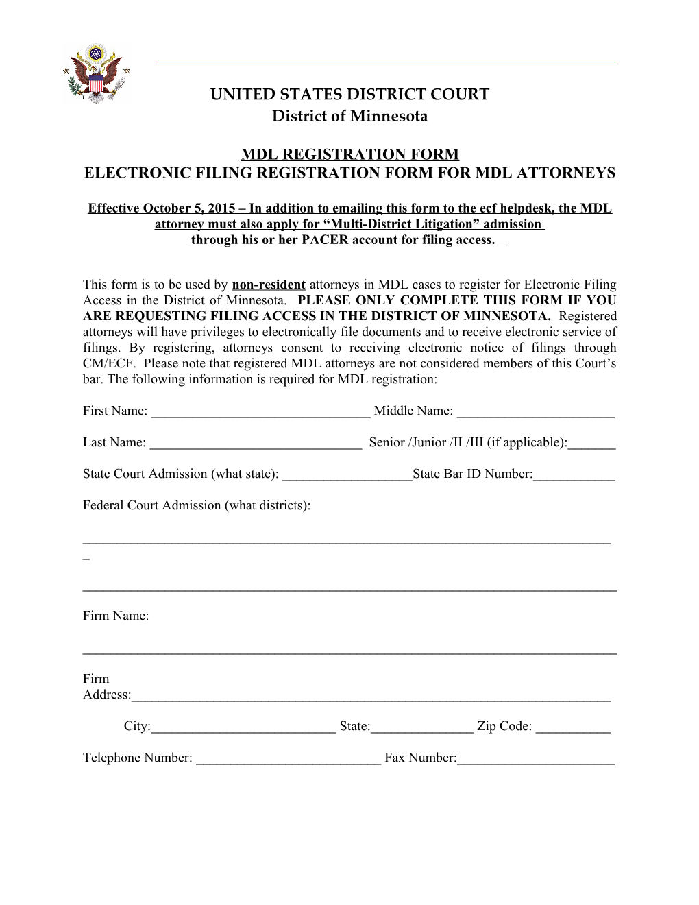 Electronic Filing Registration Form for Mdl Attorneys