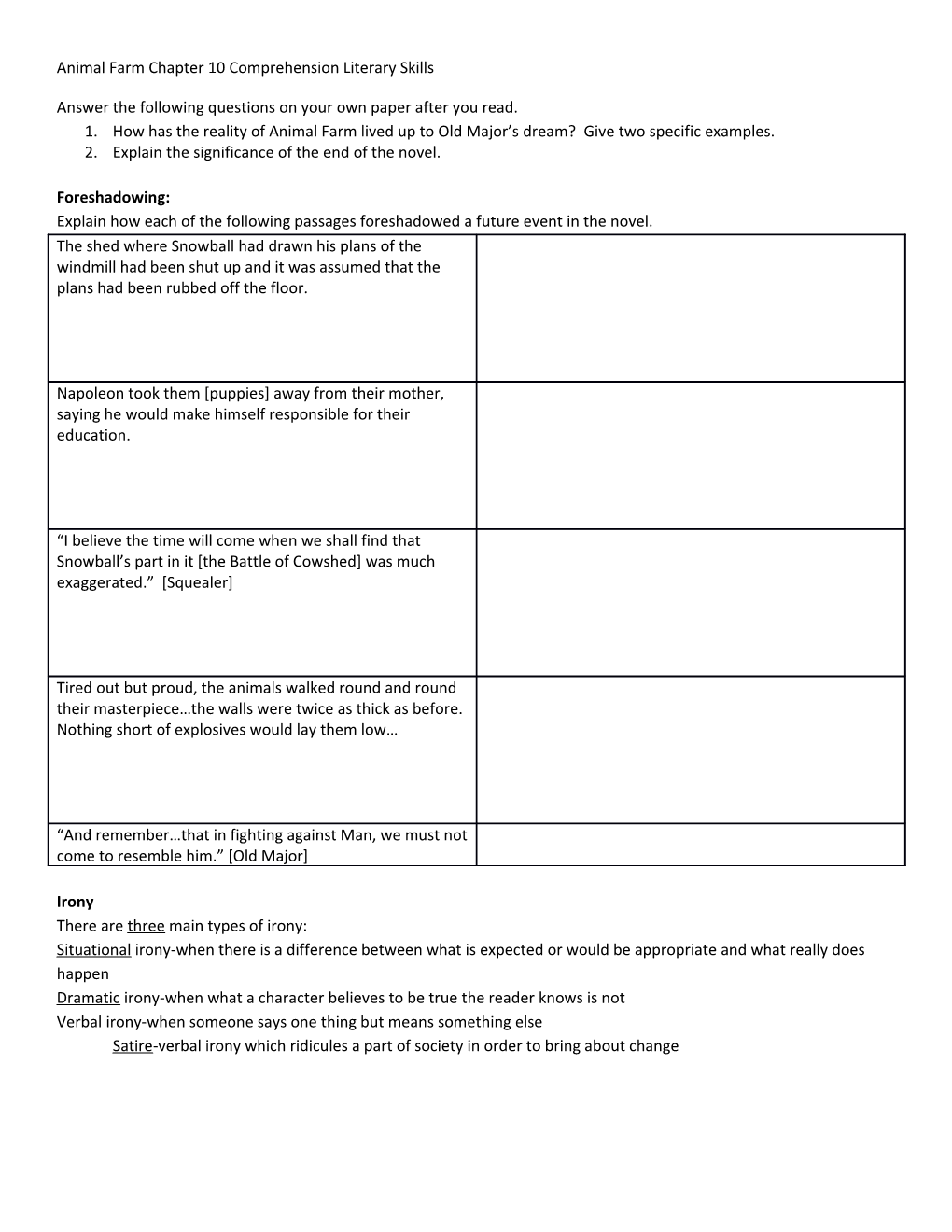 Animal Farm Chapter 10 Comprehension Literary Skills