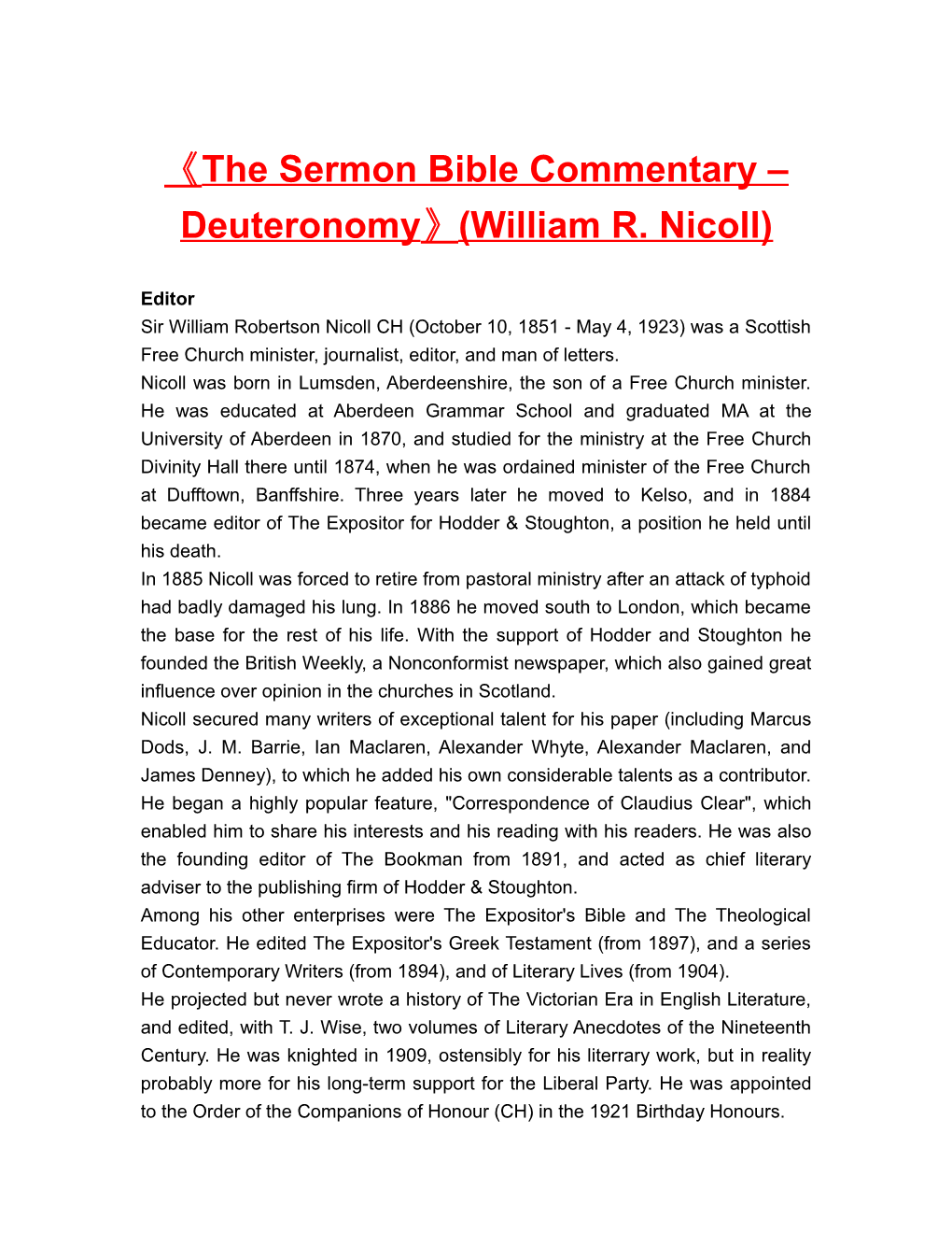 The Sermon Bible Commentary Deuteronomy (William R. Nicoll)