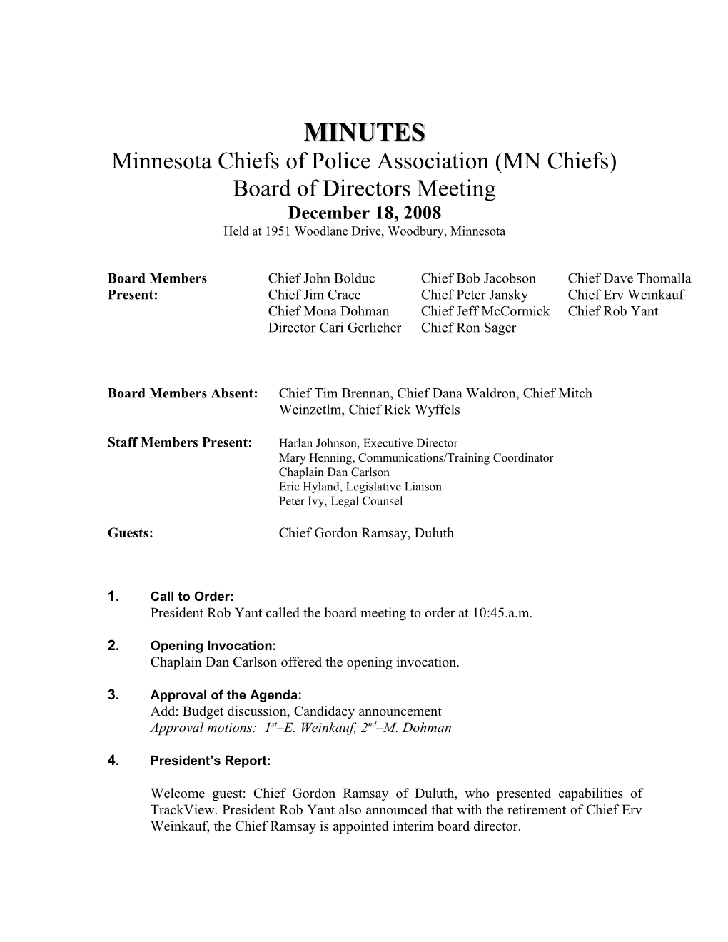Minutes Minnesota Chiefs of Police Association Jan. 19, 2006 Board Meeting Page 1 of 7