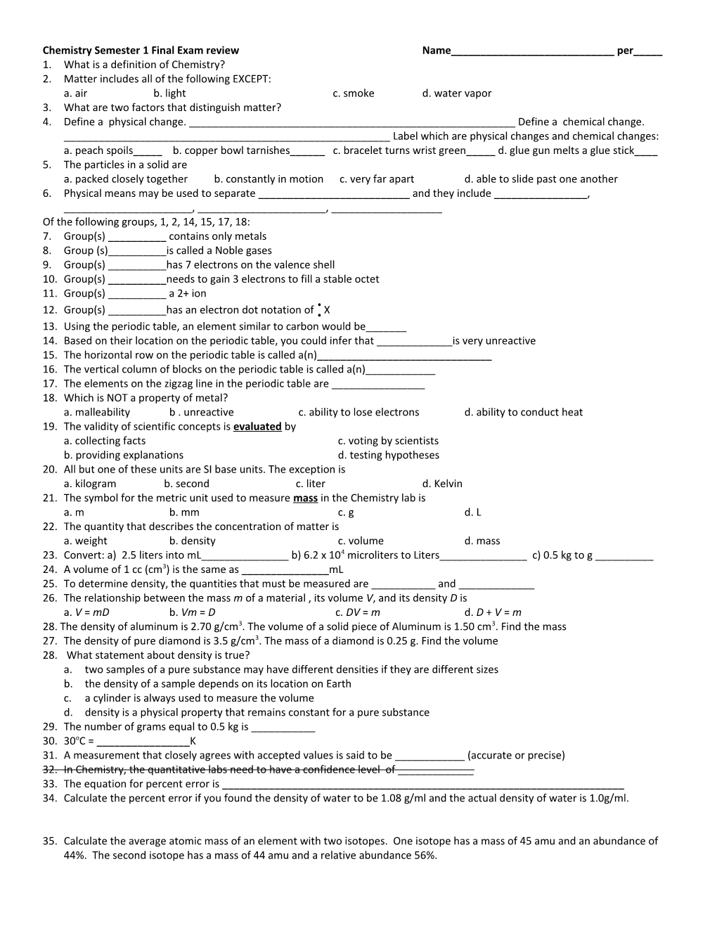 Chemistry Semester 1 Final Exam Review