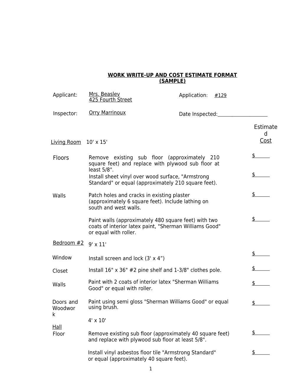 Work Write-Up and Cost Estimate Format (Sample)