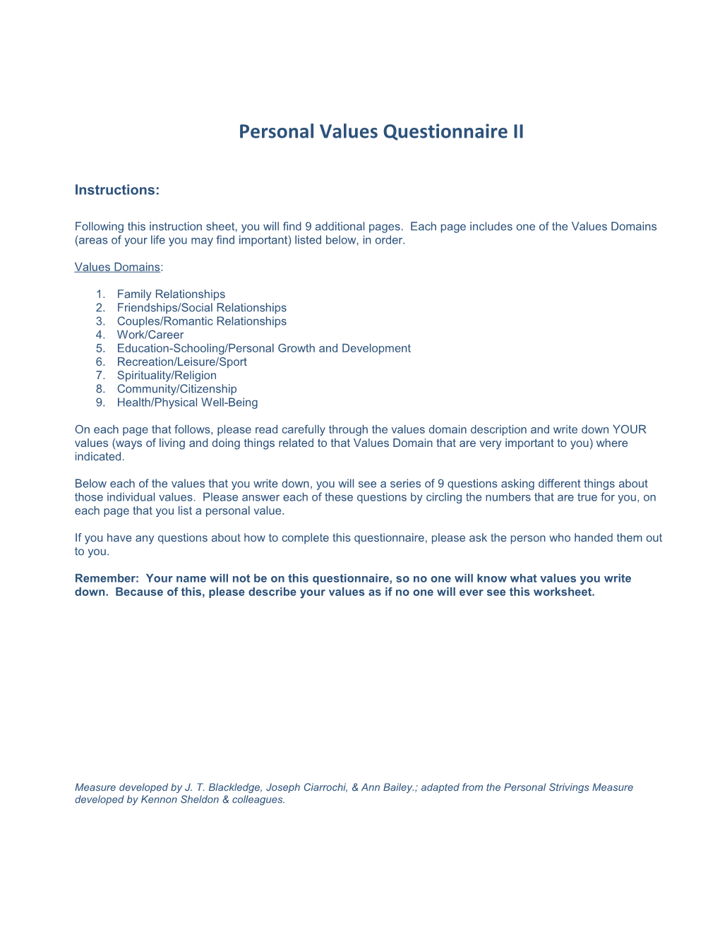 Personal Values Questionnaire