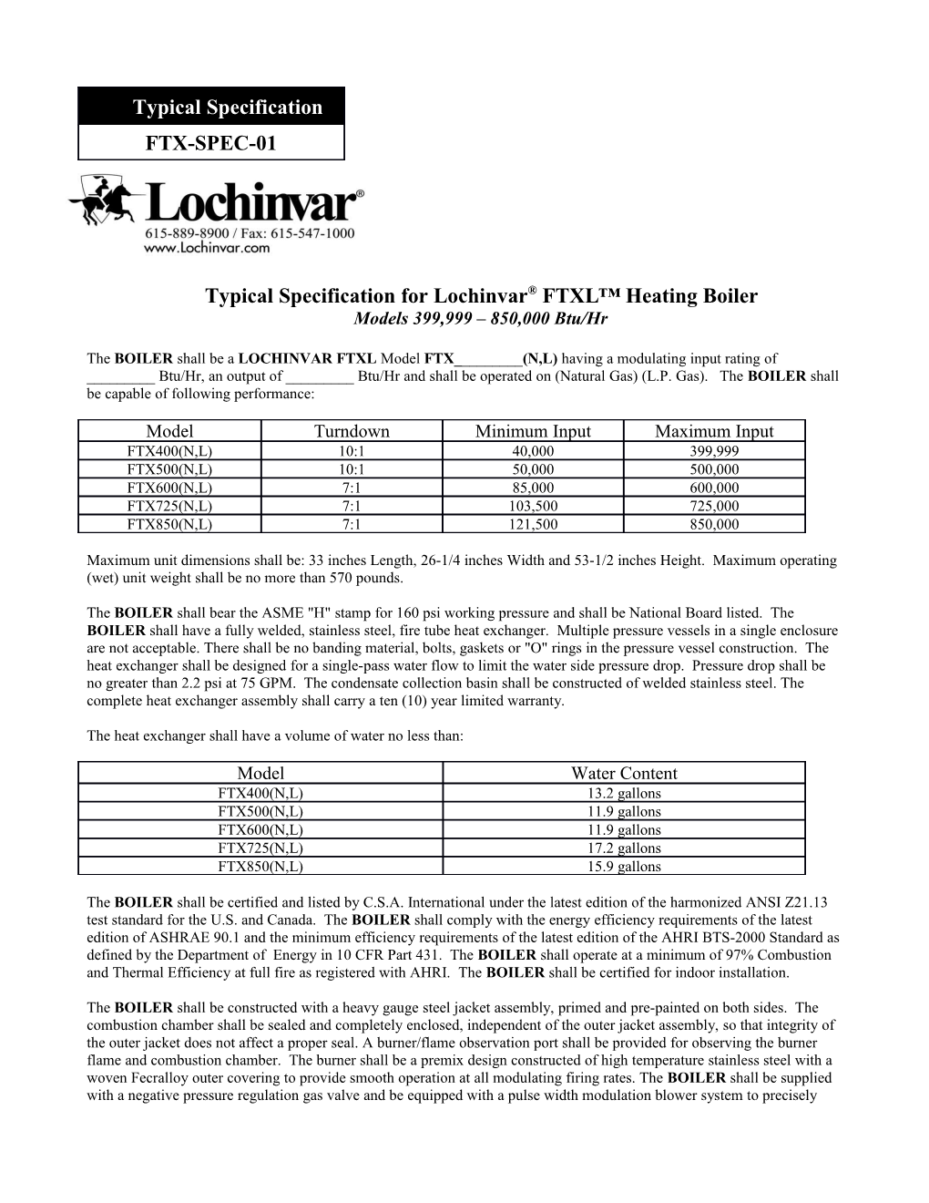 Typicalspecificationfor Lochinvar FTXL Heating Boiler