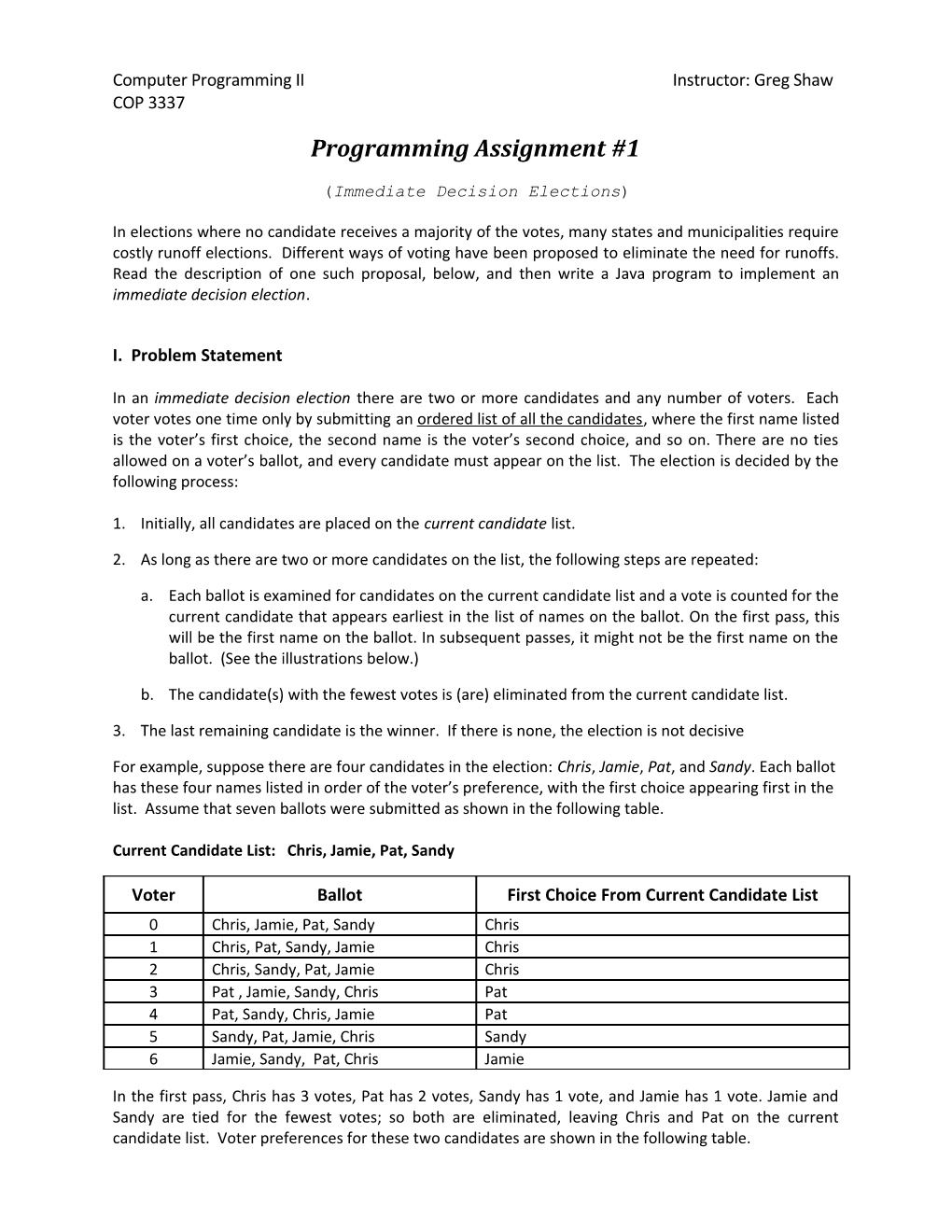 Computer Programming II Instructor:Greg Shaw