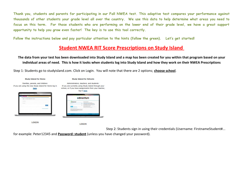 Student NWEA RIT Score Prescriptions on Study Island