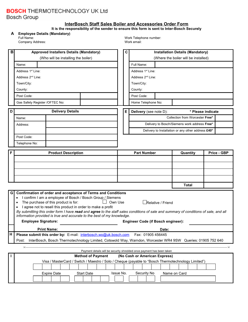 Interbosch Staff Sales Boiler and Accessories Order Form