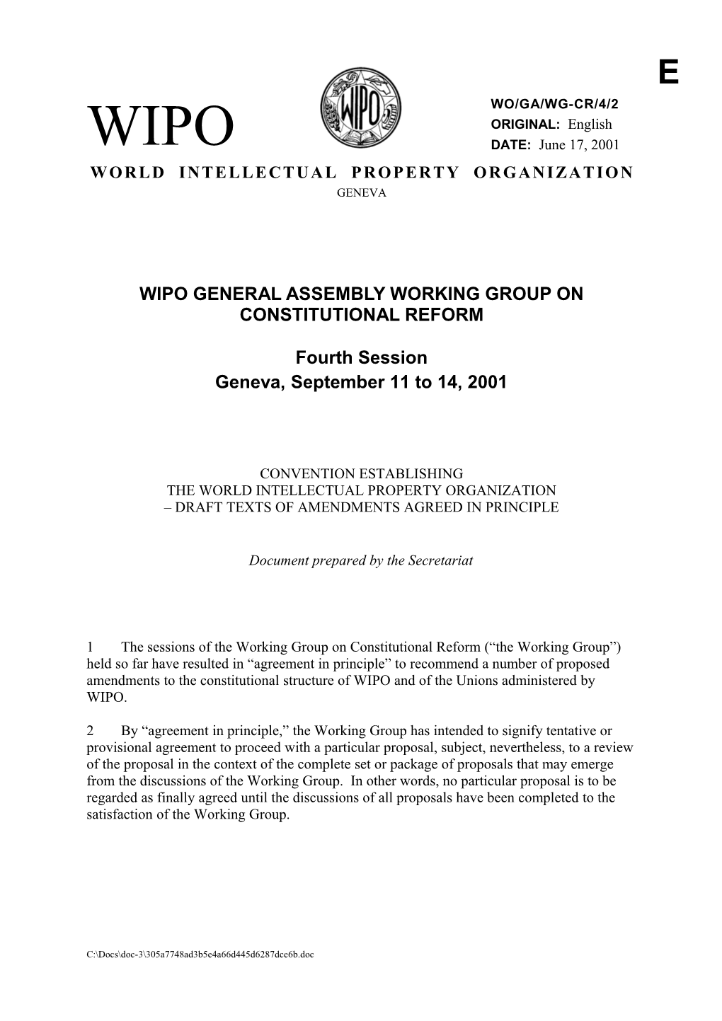 WO/GA/WG-CR/4/2: Convention Establishing the World Intellectual Property Organization
