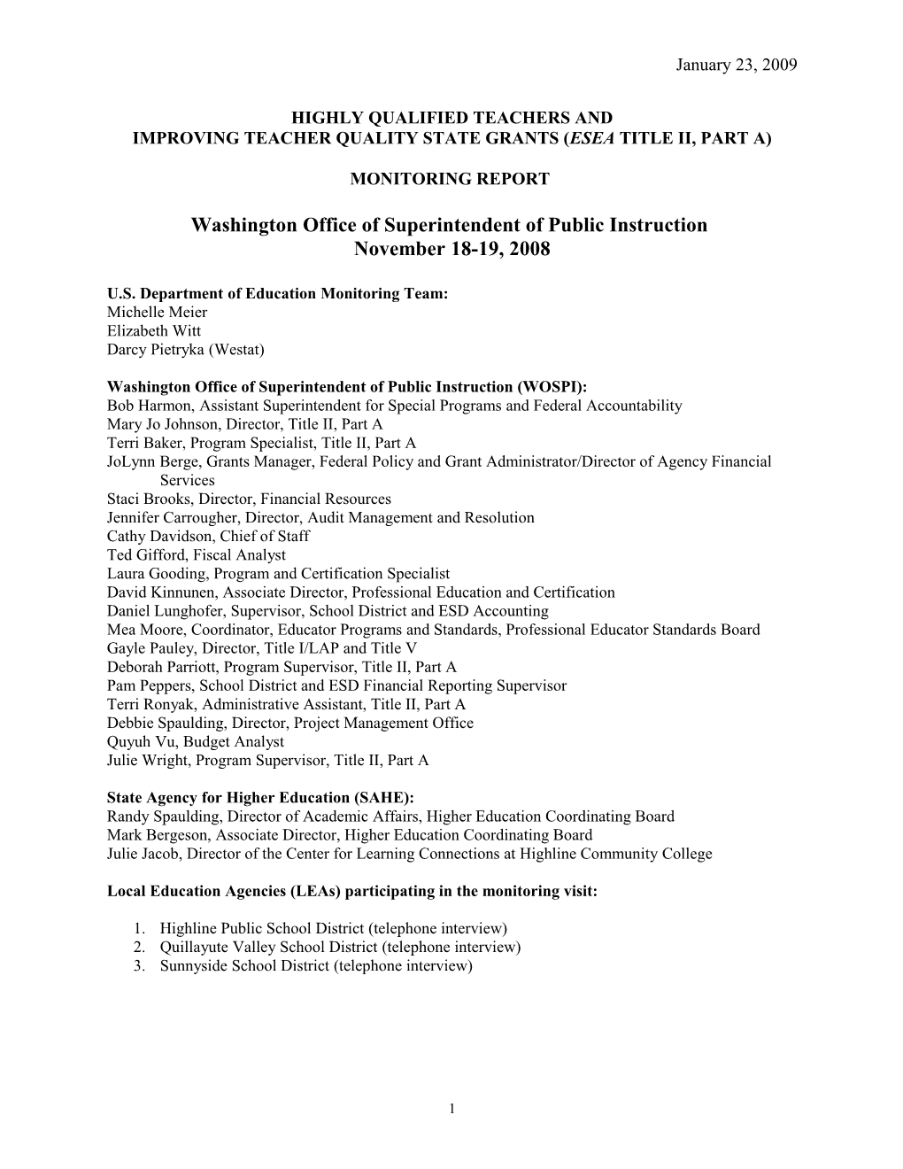 SEA Monitoring Protocol: Washington Office of Superintendent of Public Instruction, November