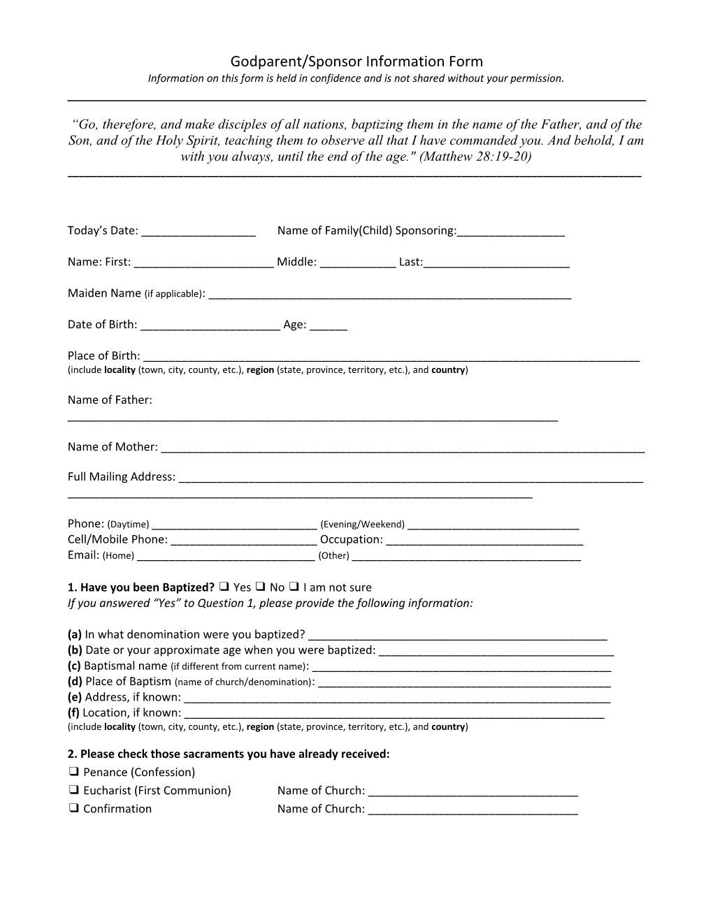 Godparent/Sponsor Information Form