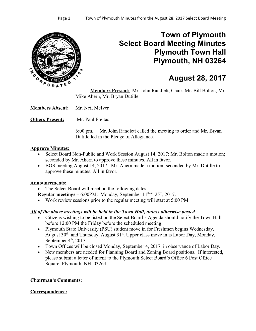 Page 1Town of Plymouth Minutes from Theaugust28, 2017 Select Board Meeting