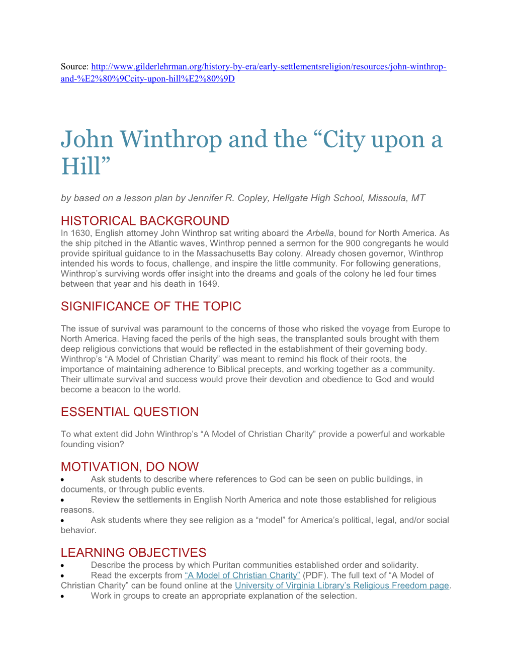 John Winthrop and the City Upon a Hill