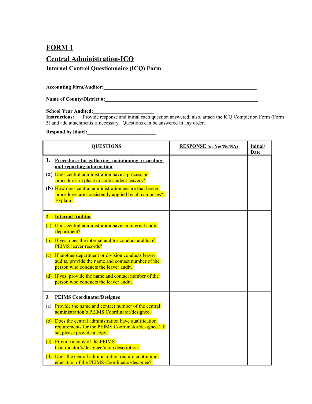 Internal Control Questionnaire (ICQ) Form