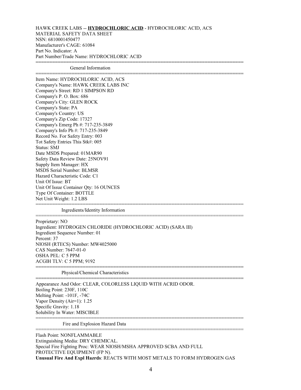 Hawk Creek Labs Hydrochloric Acid - Hydrochloric Acid,Acs