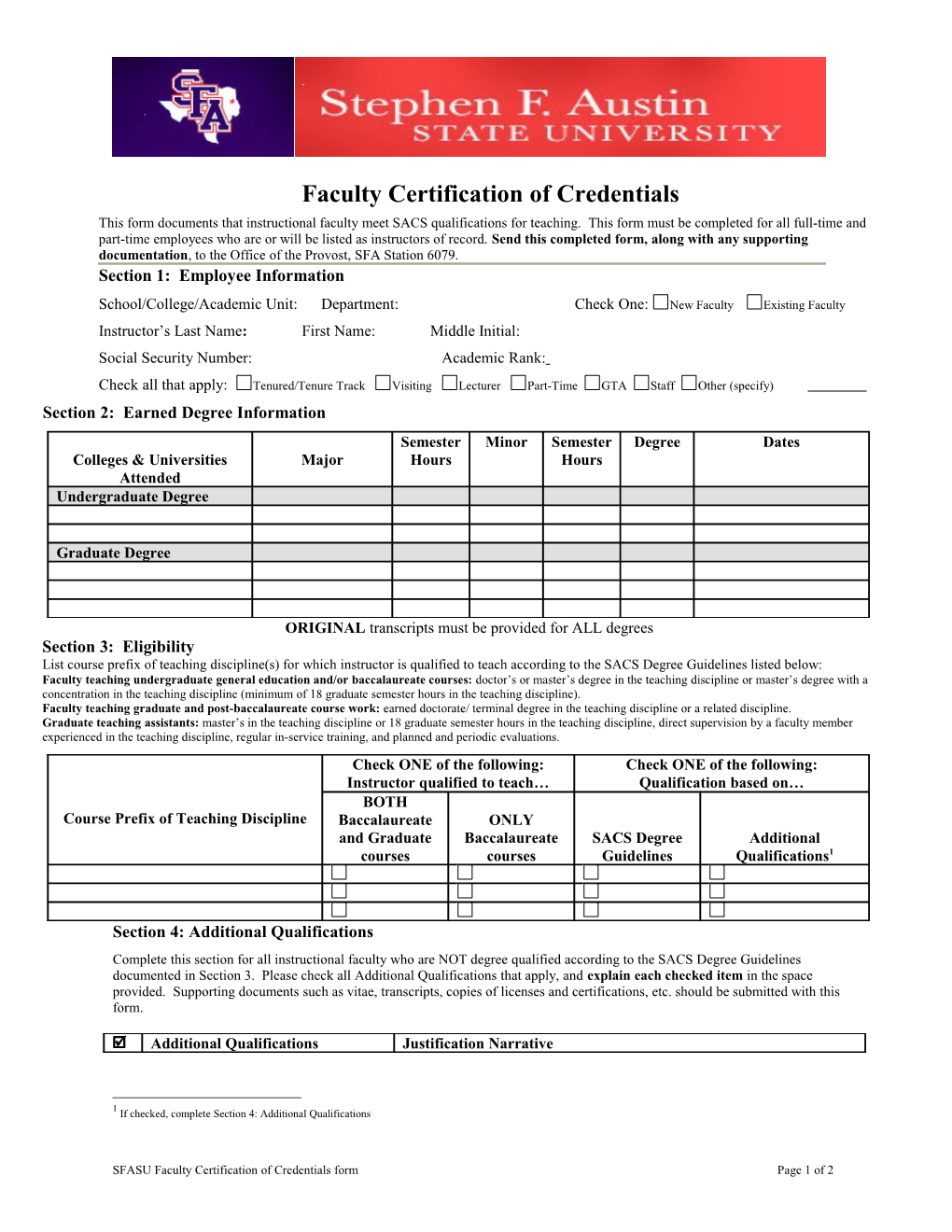Faculty Certification of Credentials Form