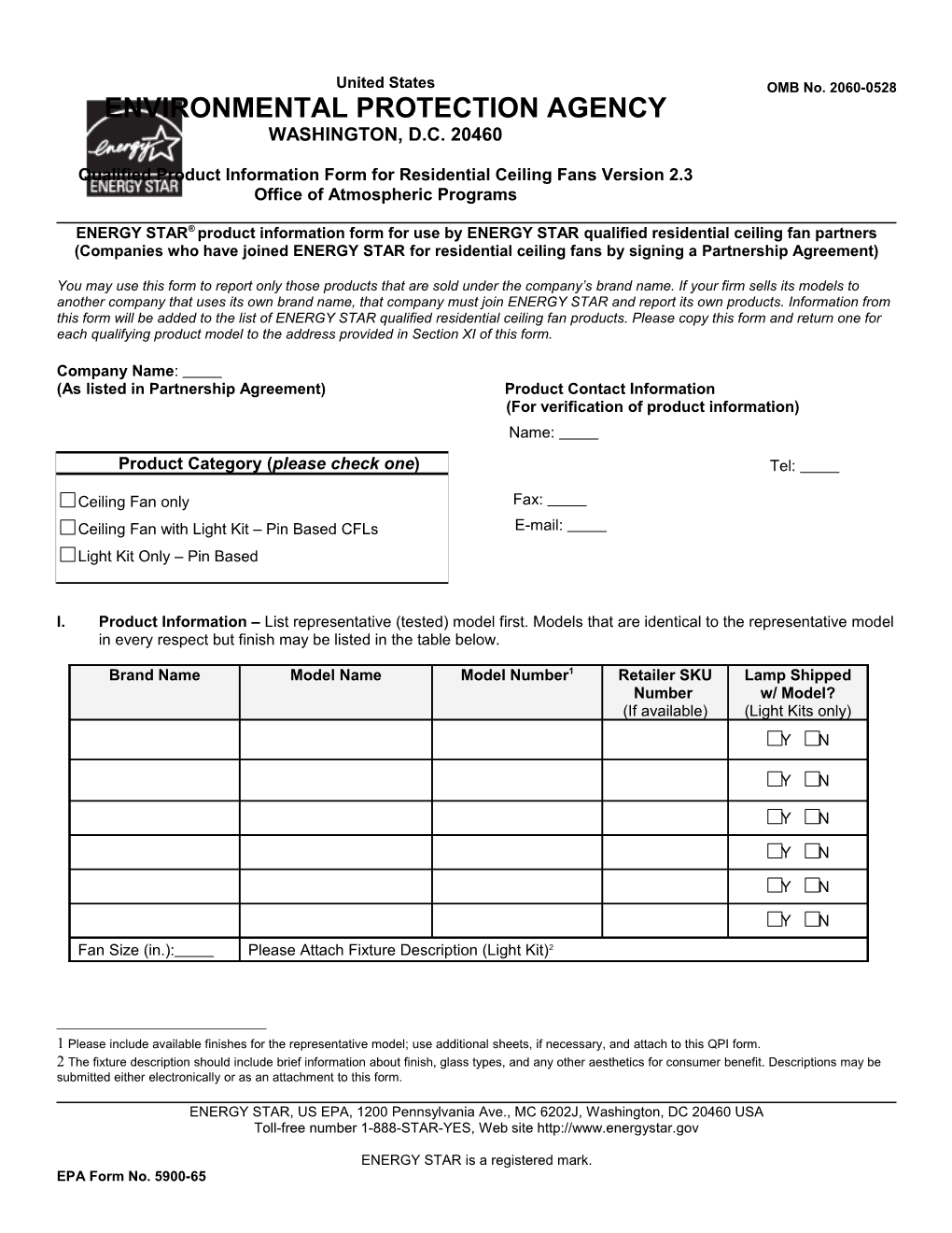 Qualified Product Information Form for Residential Ceiling Fans Version 2.3