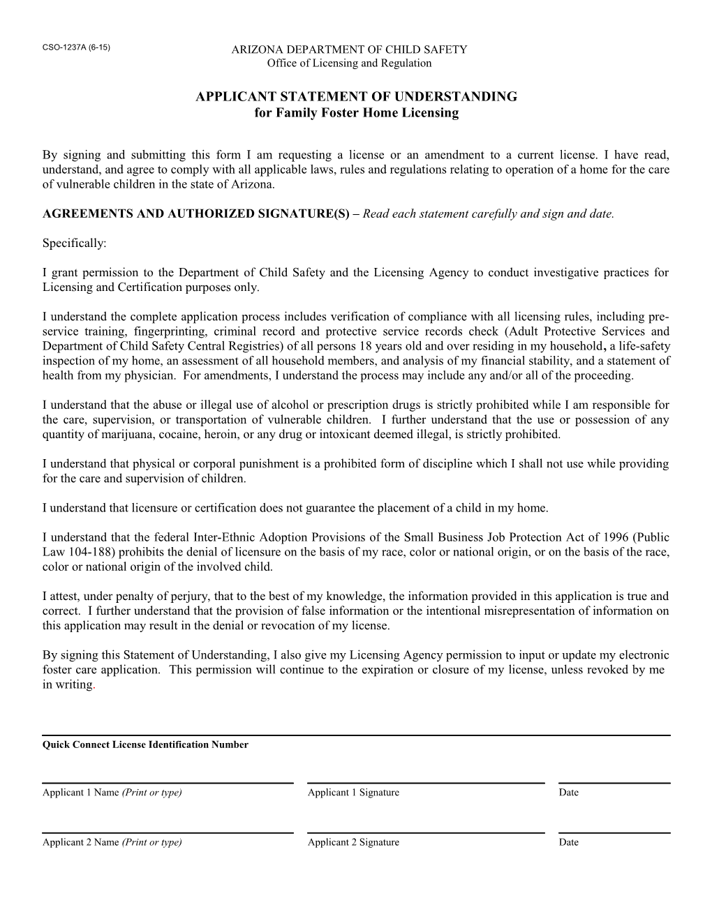 CSO-1237A, Applicant Statement of Understanding for Family Foster Home