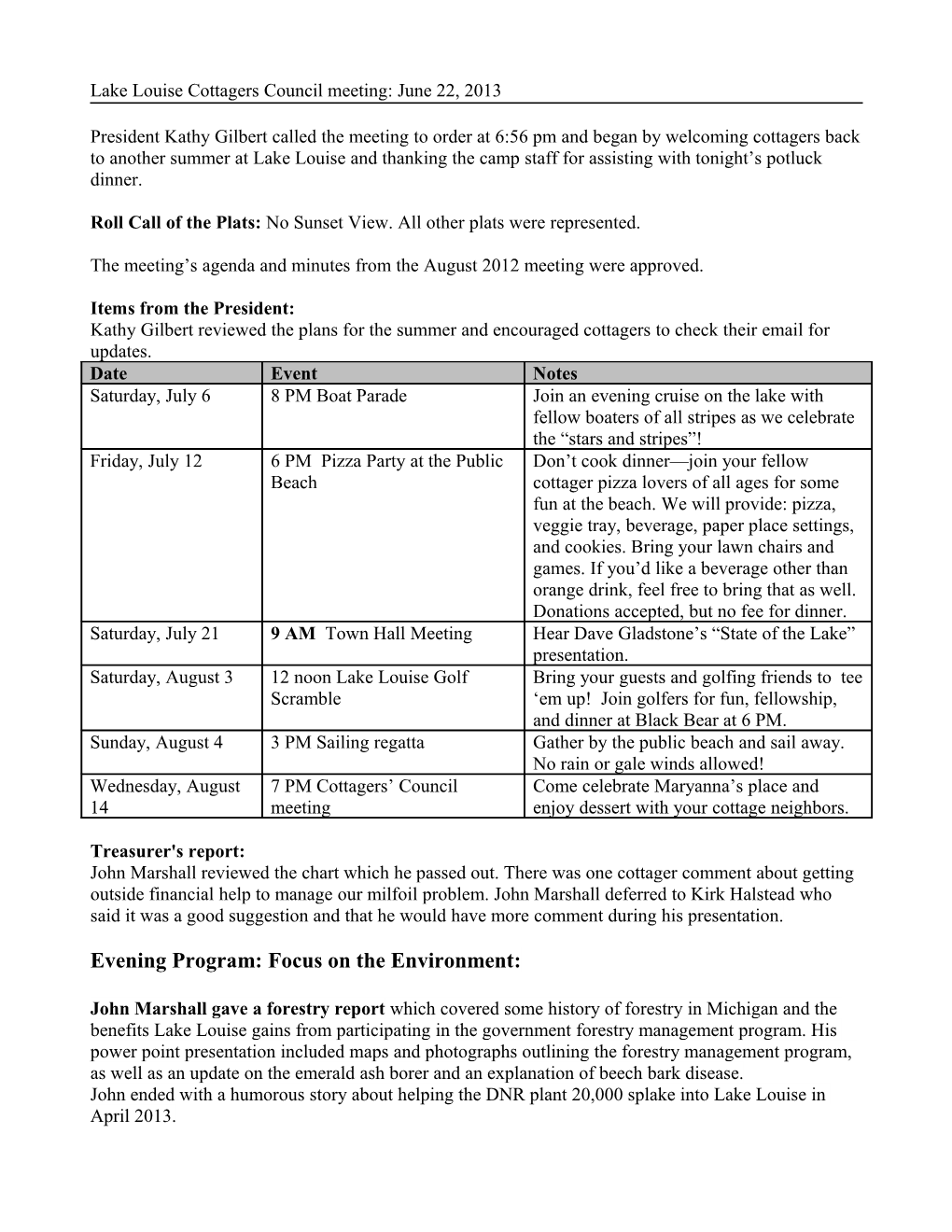 Lake Louise Cottagers Council Meeting: June 22, 2013