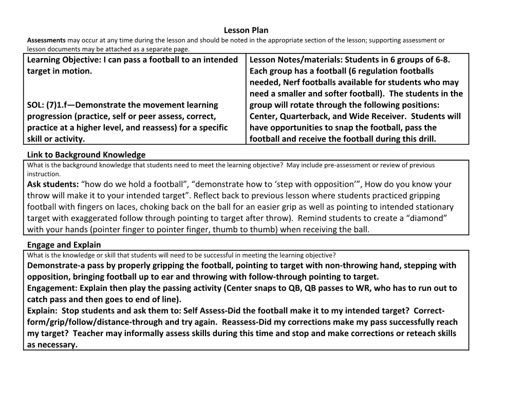 Formative Assessment: Football Skills Checklist
