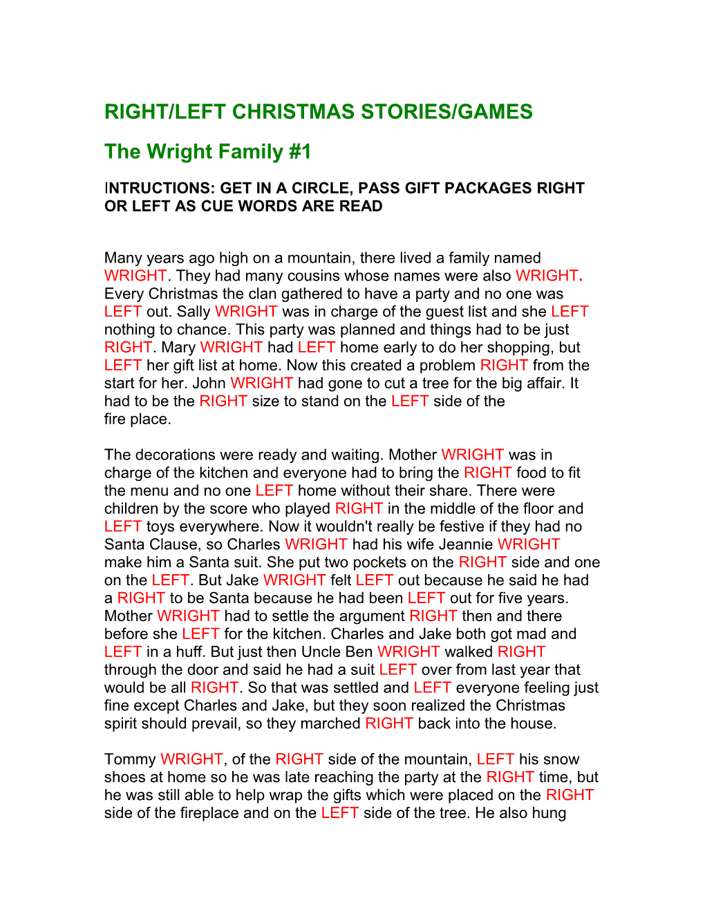 RIGHT/LEFT CHRISTMAS STORIES/GAMES the Wright Family #1 - Docest