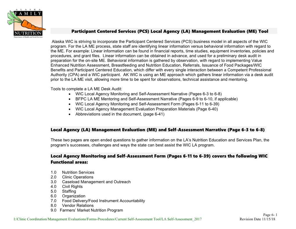 Participant Centered Services (PCS) Local Agency (LA) Management Evaluation (ME) Tool
