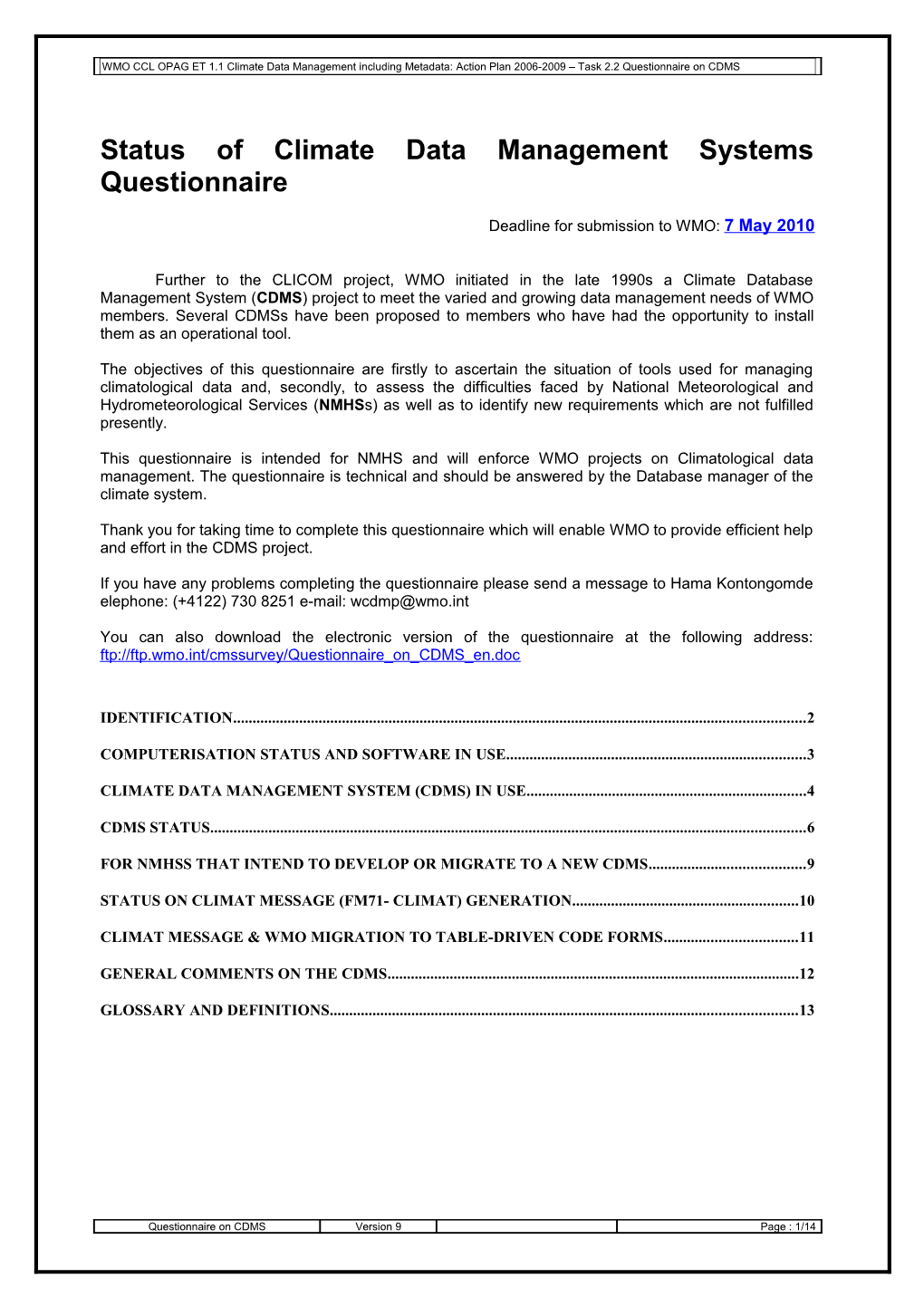 Status of Climate Data Management Systems Questionnaire