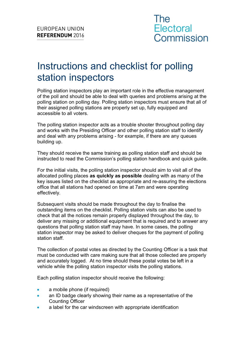 EU Ref Polling Station Checklist for Polling Station Inspectors