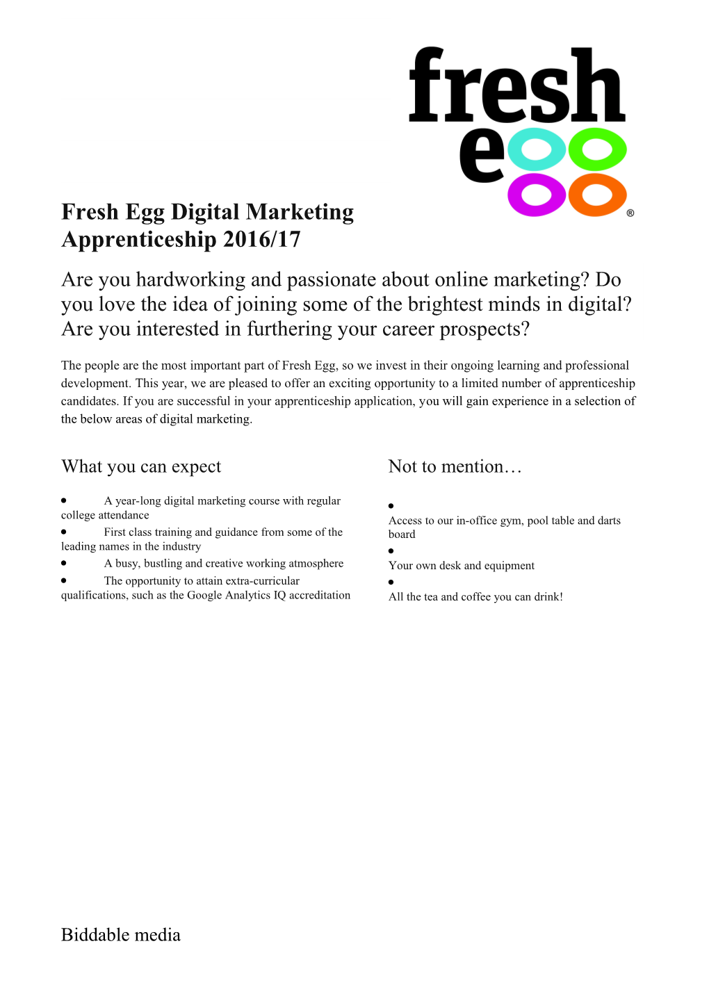 Fresh Egg Digital Marketing Apprenticeship 2016/17