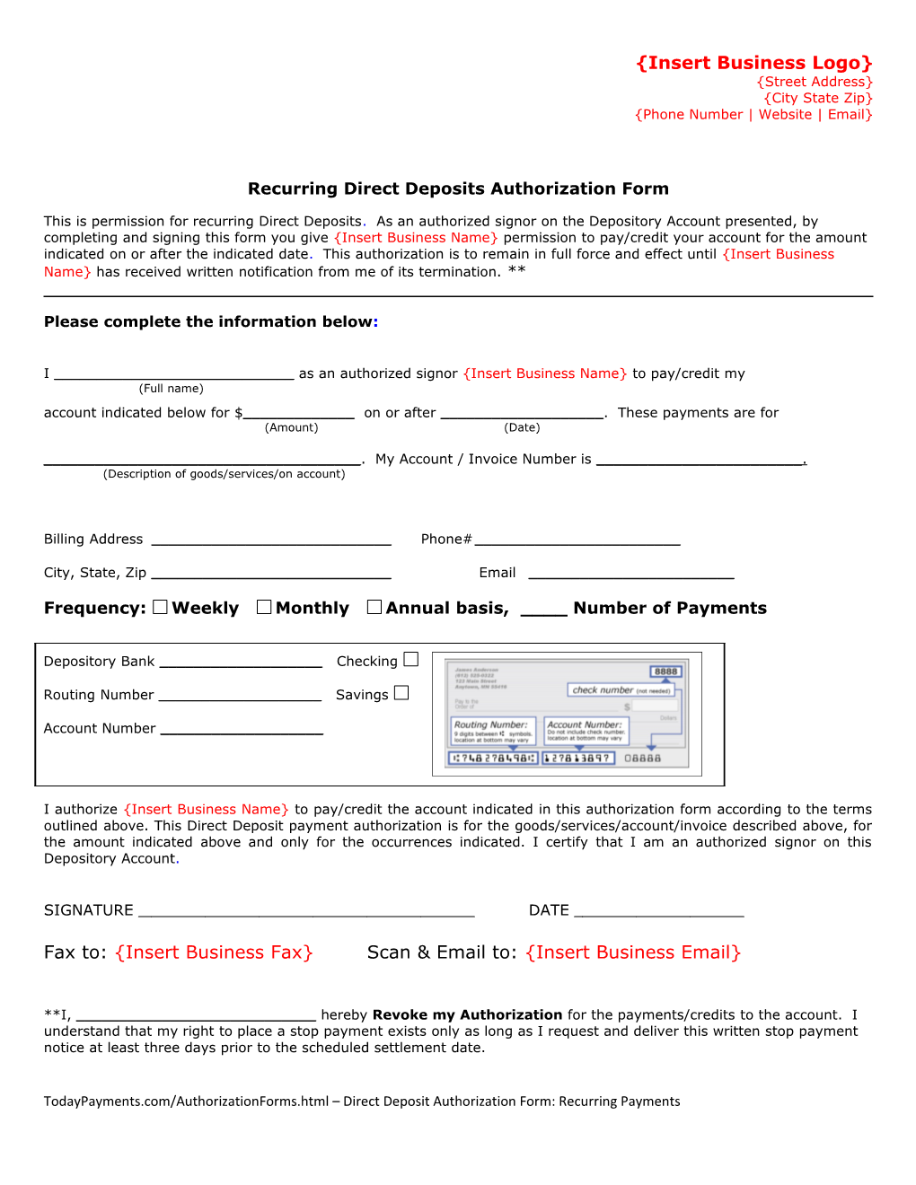 Recurring Direct Deposit Authorization Form