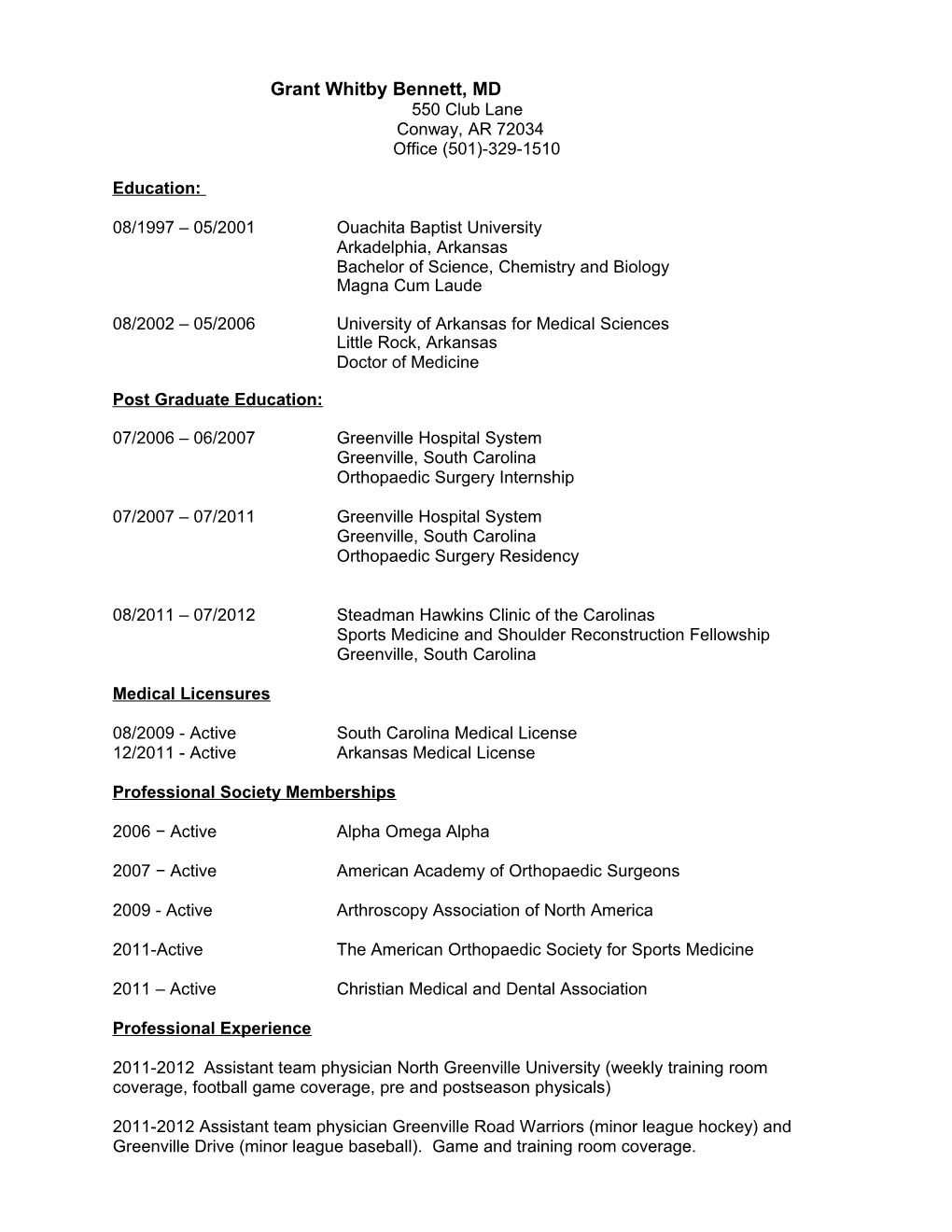 Greenville Hospital System, Orthopaedic Surgery Clark, Clifford Dana (10318915); Curriculum