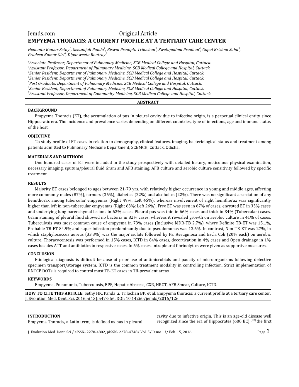 Empyema Thoracis: a Current Profile at a Tertiary Care Center