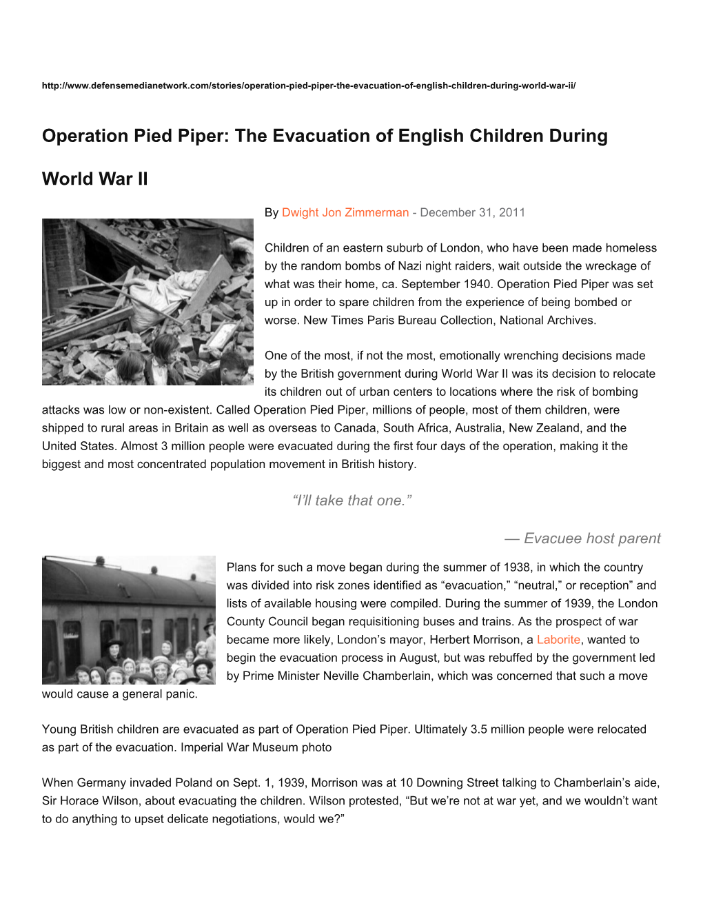 Operation Pied Piper: the Evacuation of English Children During World War II