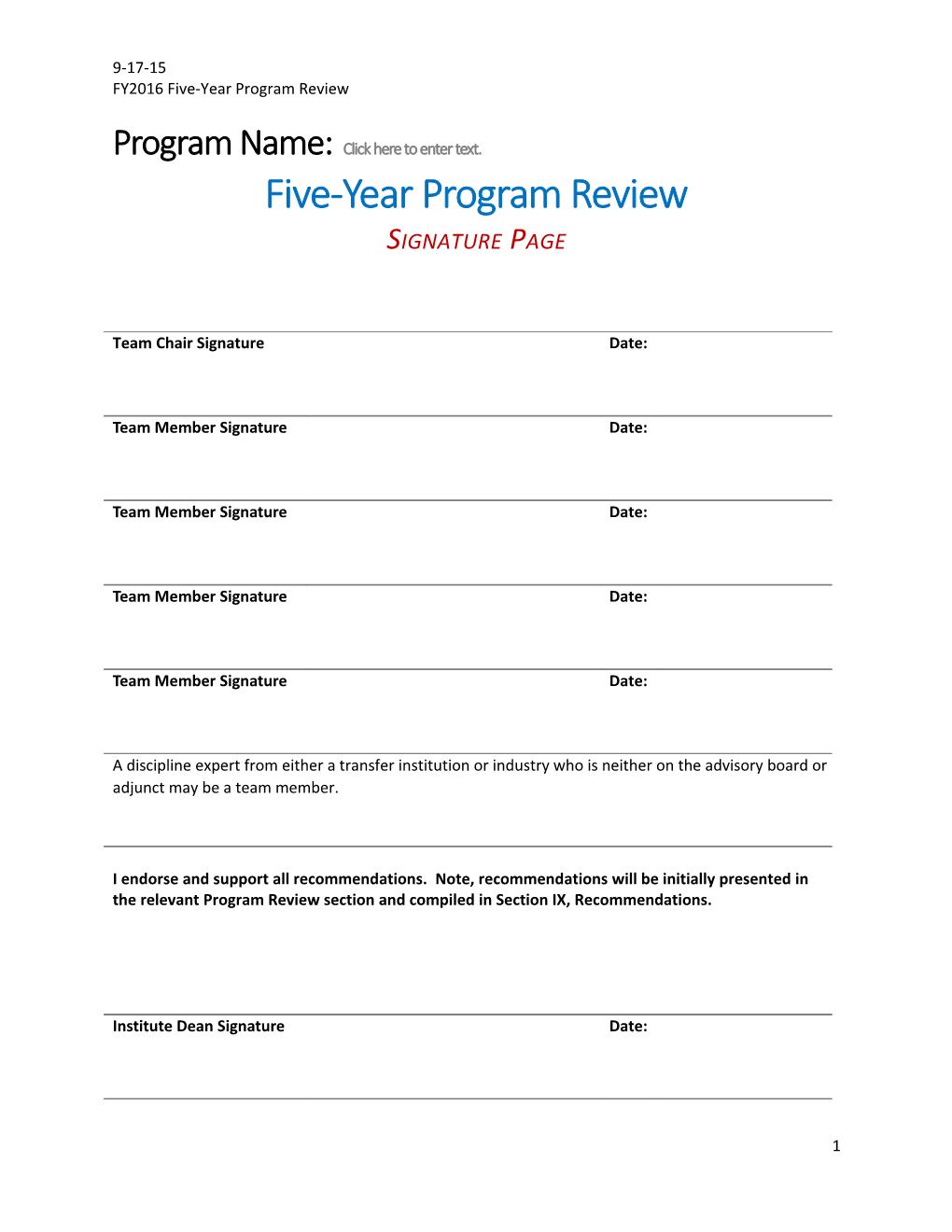 FY2016 Five-Year Program Review