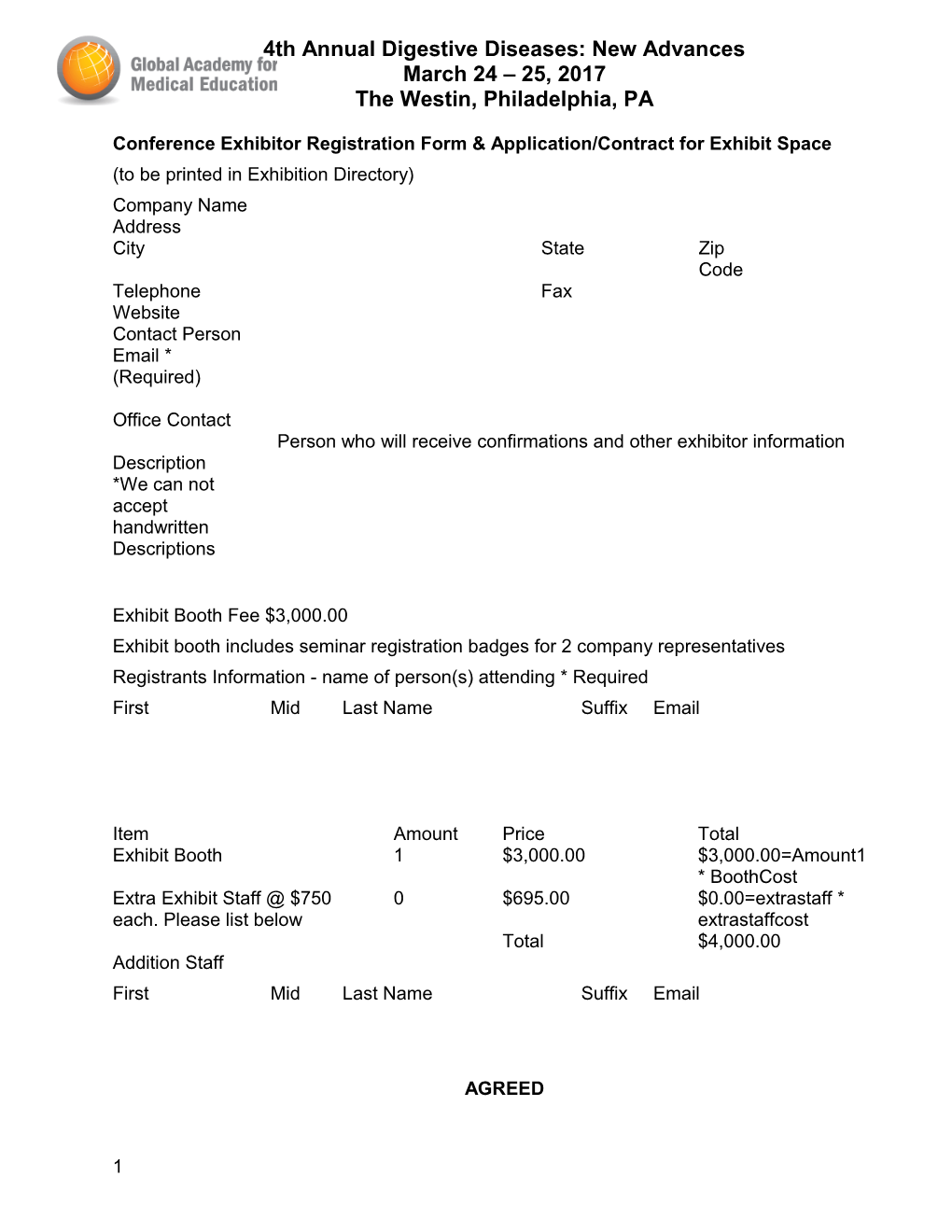 Conference Exhibitor Registration Form & Application/Contract for Exhibit Space